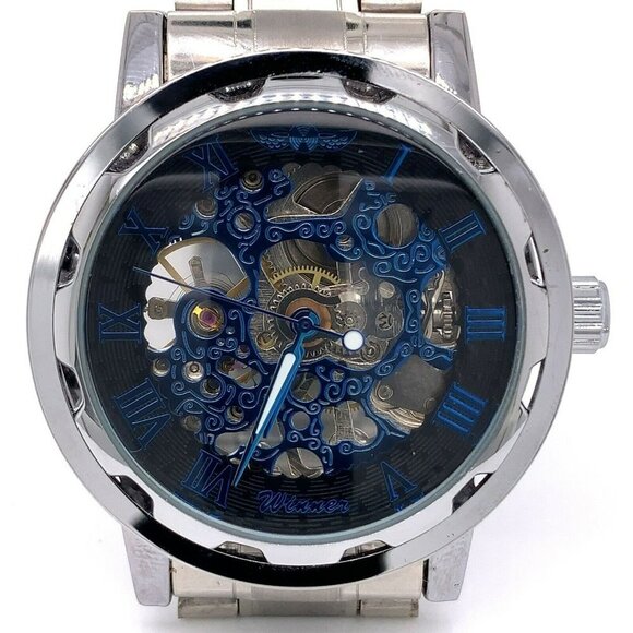 Winner Automatic Stainless Steel Blue Skeleton Dial Watch! 198